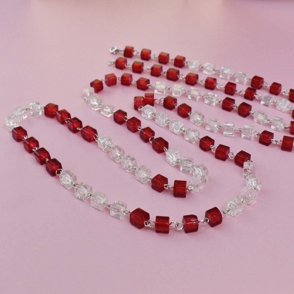 Extra long clear and red square bead necklace, super long accent necklace
